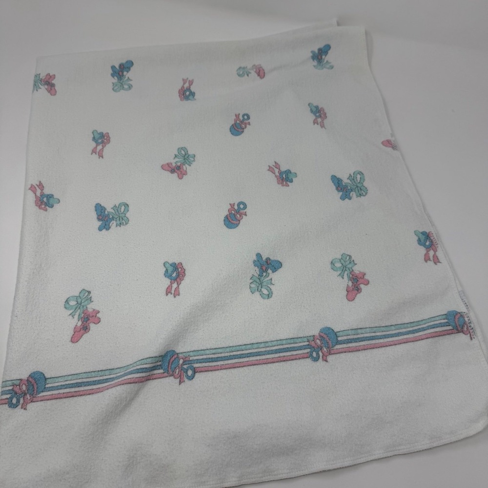 Vintage receiving Blanket rattles and booties‎ 36" x 40" White Blue Pink Crib